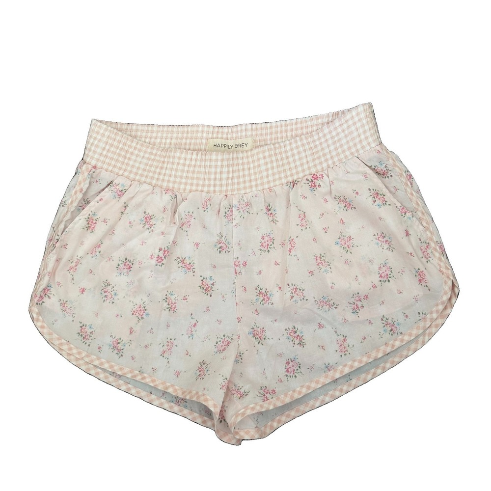 Happily Grey M Shorts Womens Pink Floral Check Cottage Core Coquette Cotton